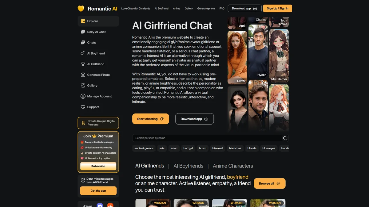 Romantic AI homepage